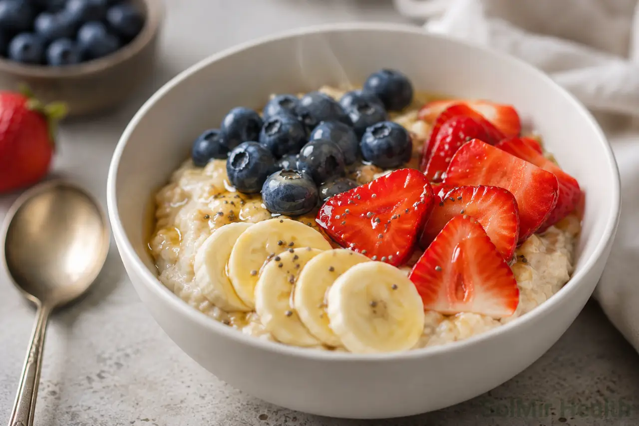Healthy breakfast bowl with oats berries and banana