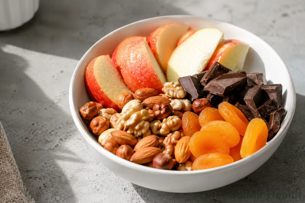 Healthy snack bowl with must dried apricots and dark chocolate
