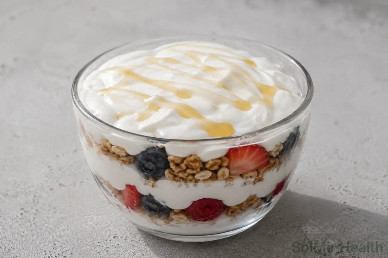 Healthy Greek yogurt parfait dessert with berries and granola