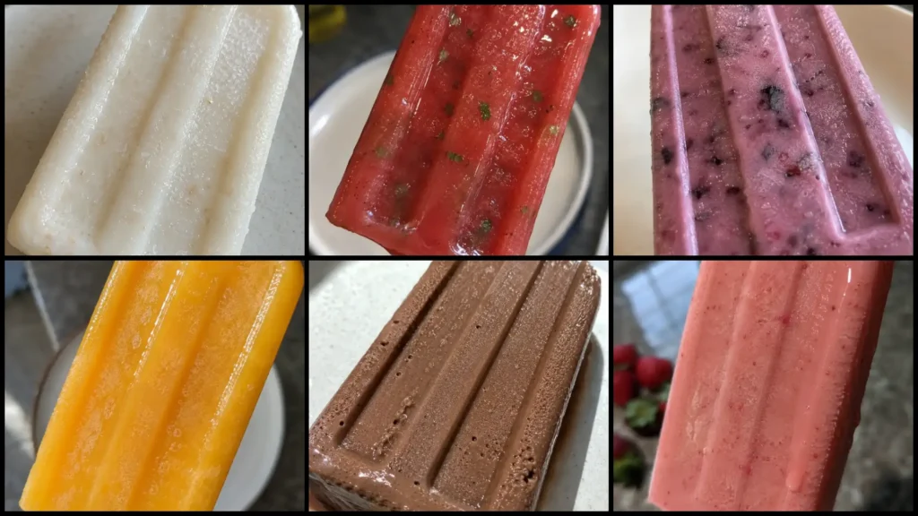 six healthy homemade popsicles in different flavors