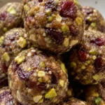 Pistachio cranberry no bake energy bites with visible green pistachio pieces and red cranberry flecks, in a ceramic bowl.
