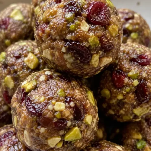 Pistachio cranberry no bake energy bites with visible green pistachio pieces and red cranberry flecks, in a ceramic bowl.