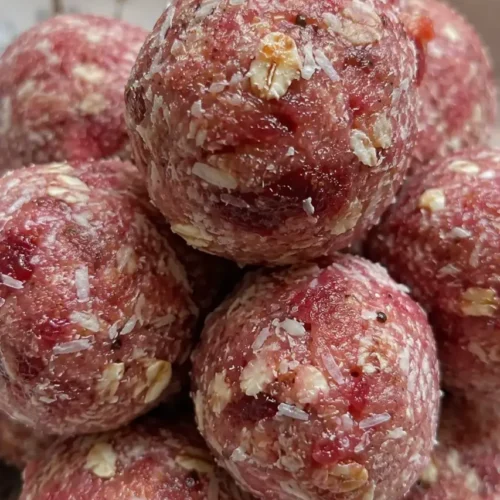 Pink-flecked no bake strawberry coconut energy bites rolled in shredded coconut, served in a ceramic bowl with fresh strawberries nearby.