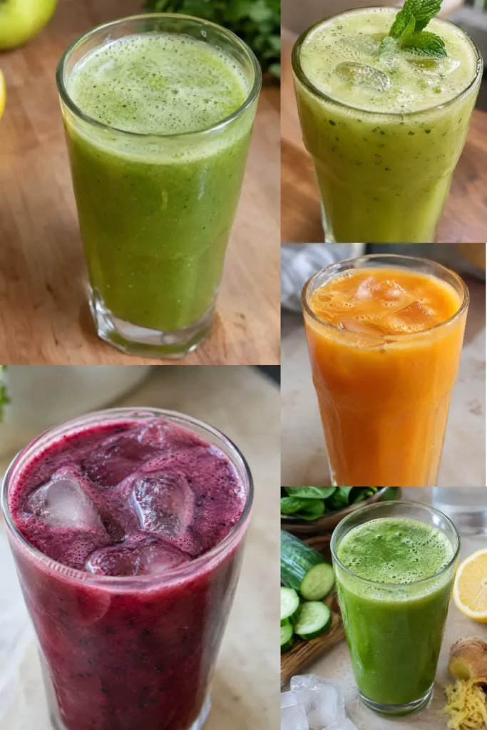 Seven glasses of colorful fresh juice lined up for a 7-day juice plan
