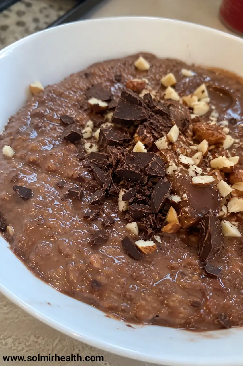 A bowl of dark chocolate-colored oatmeal with a spoon resting in it.