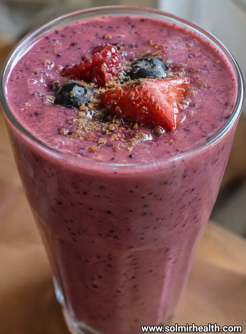 Purple berry smoothie topped with fresh mixed berries