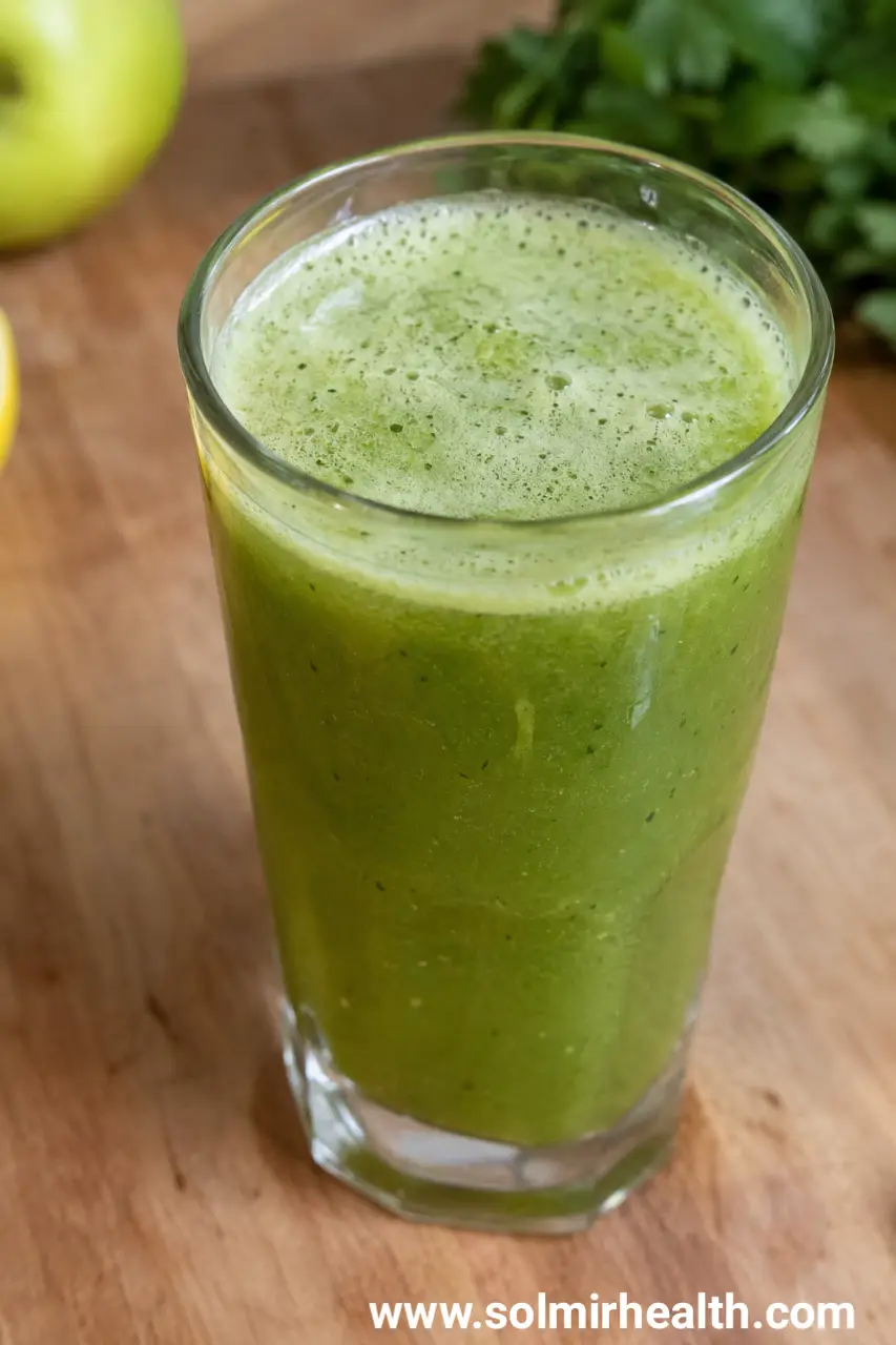 Light green celery apple mint juice in a tall glass