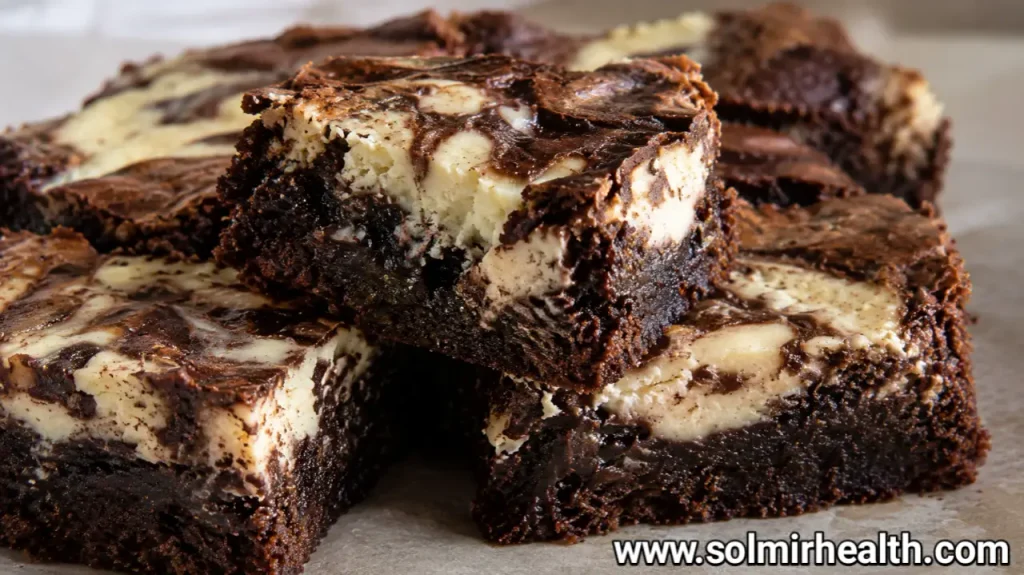 Cheesecake low carb brownies with white cream cheese swirls on dark chocolate