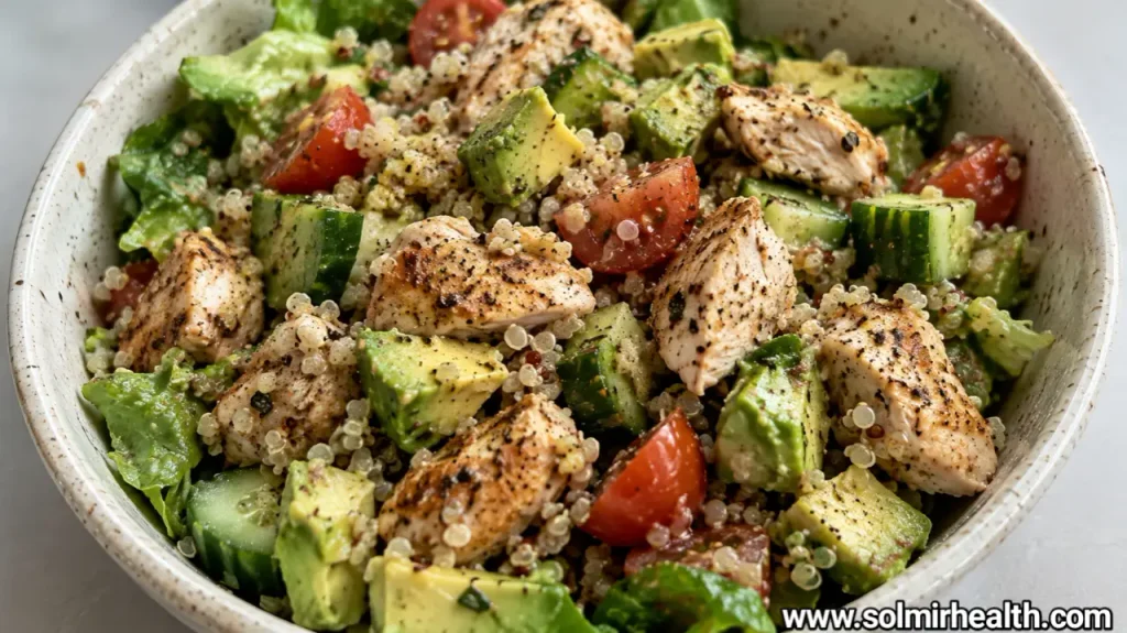 Chicken, quinoa, and avocado high protein salads in a white bowl