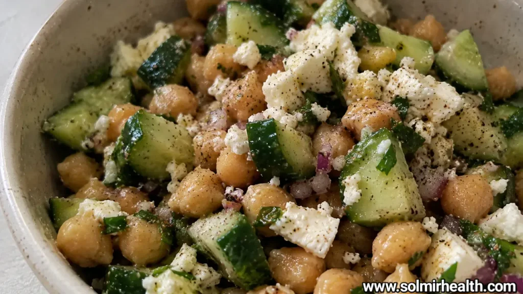 Chickpea, feta, and cucumber salad with olives and red onion