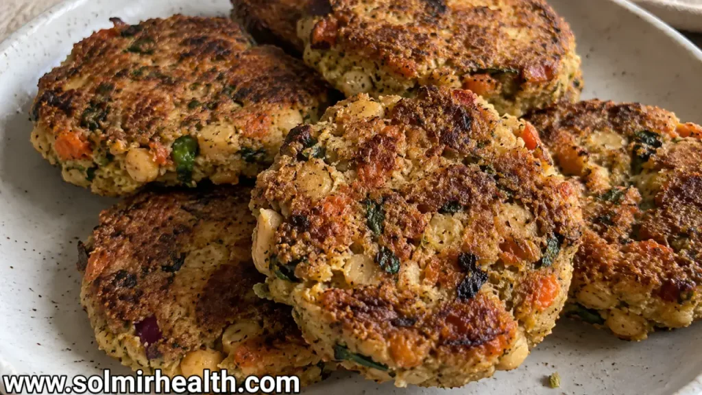 Golden chickpea veggie patties with zucchini and carrot on a white plate