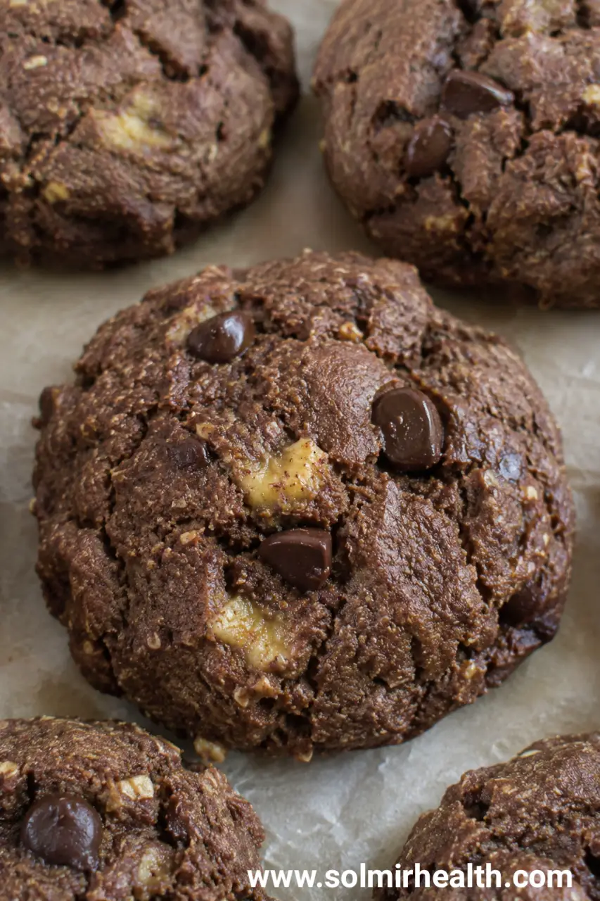 Chocolate banana protein cookies on a cooling rack