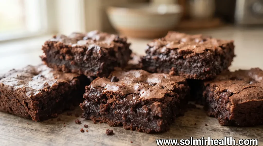 Chocolate chip low carb brownies with chips on the surface