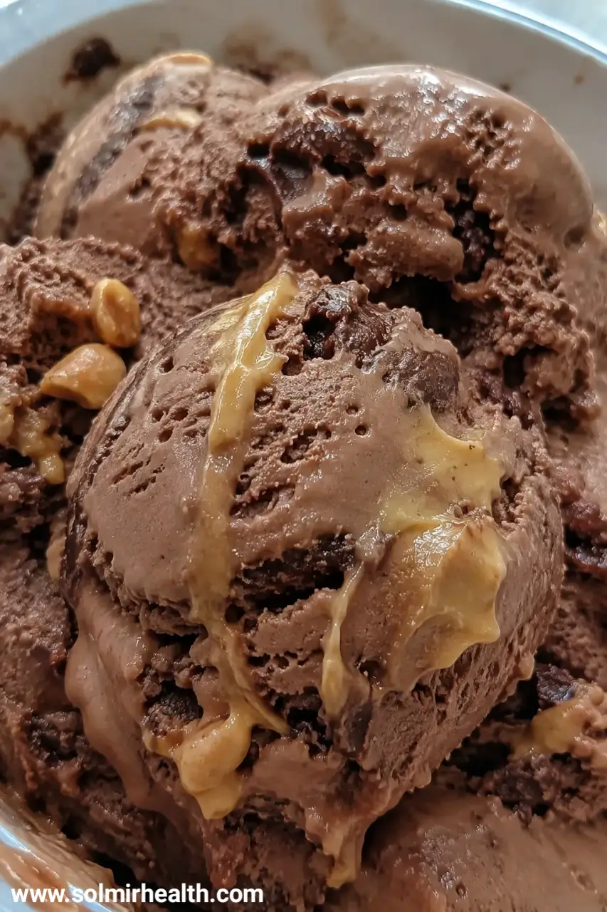 Chocolate peanut butter banana ice cream in a freezer container