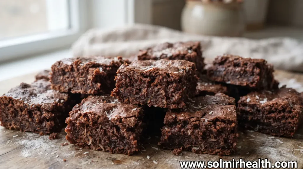 Coconut brownies with toasted shredded coconut on a chocolate base