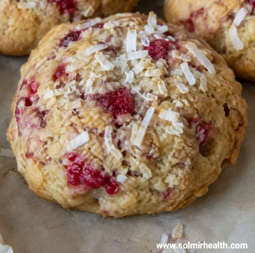 Coconut raspberry protein cookies topped with shredded coconut