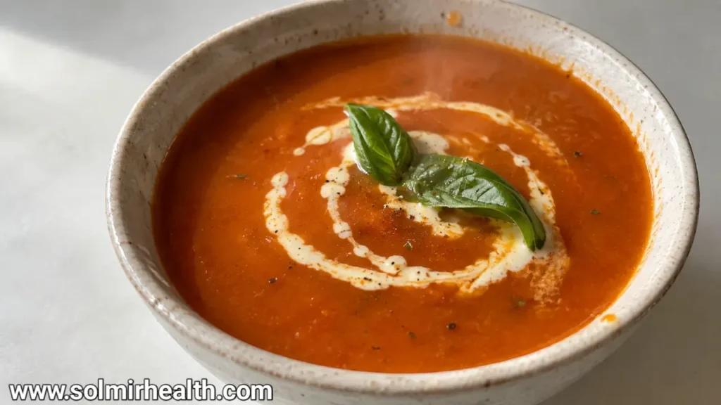 Cozy tomato soup bowl with cream swirl, warm homemade recipes