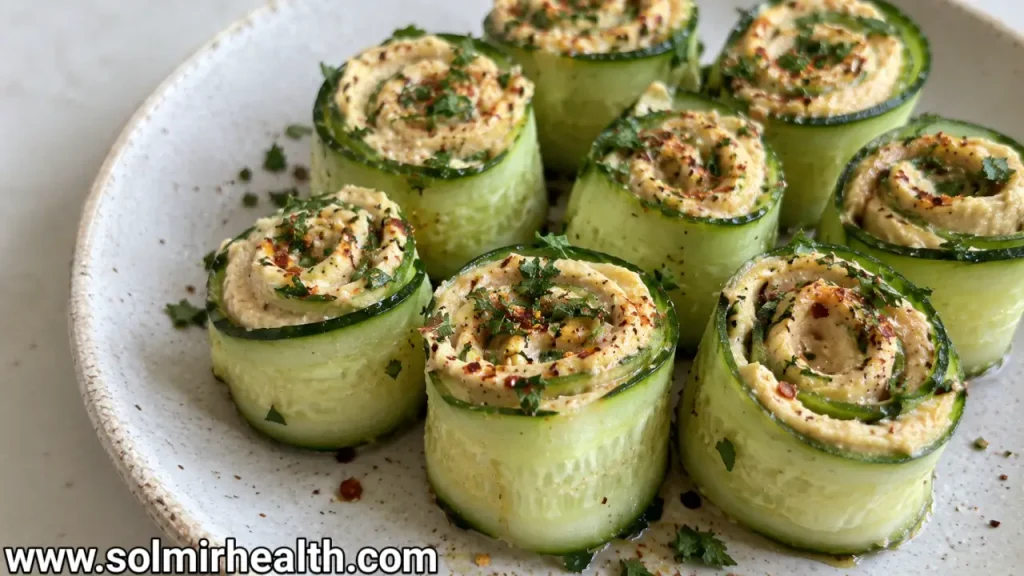 Cucumber roll-ups filled with cream cheese, smoked salmon, and fresh dill