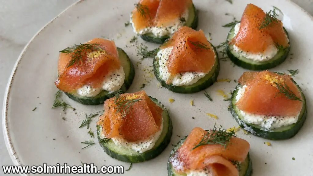  Cucumber rounds topped with cream cheese, smoked salmon and fresh dill