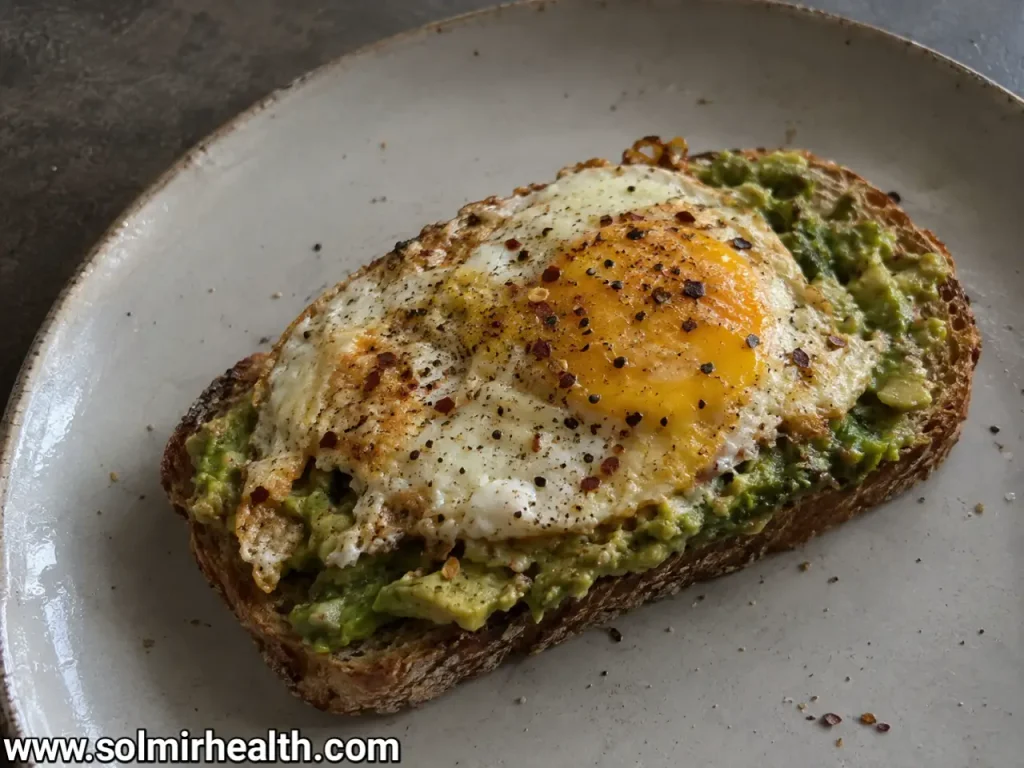 Low carb toast with mashed avocado, sliced boiled egg and chili flakes