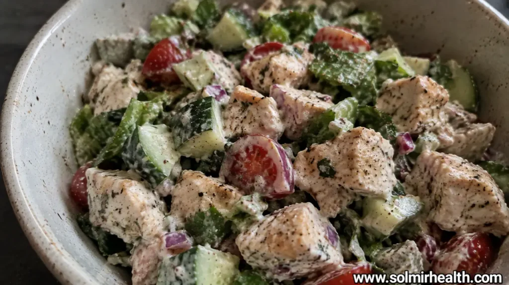 Creamy Greek yogurt chicken salad served over mixed greens