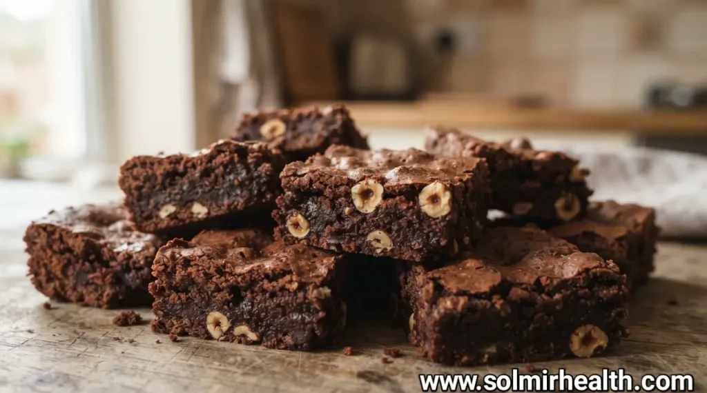 Hazelnut brownies topped with chopped toasted hazelnuts