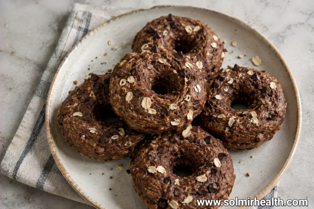 Healthy baked chocolate banana oat flour donuts