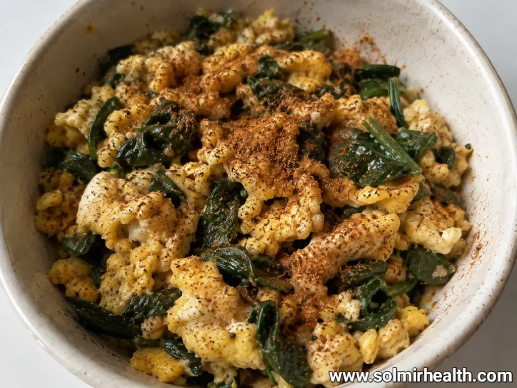 Healthy cinnamon spiced egg and spinach scramble breakfast