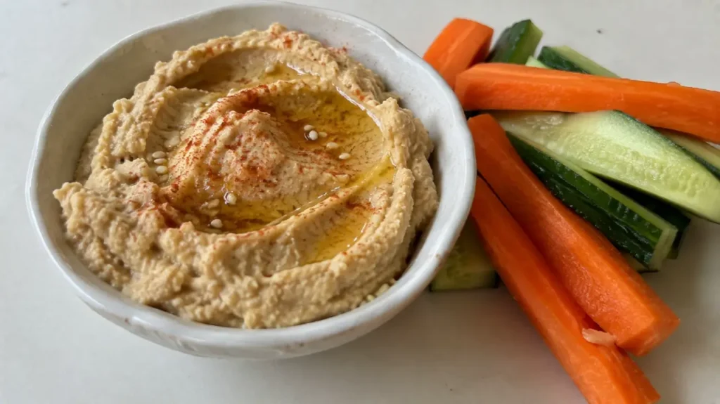 Healthy snack ideas, hummus with vegetable sticks