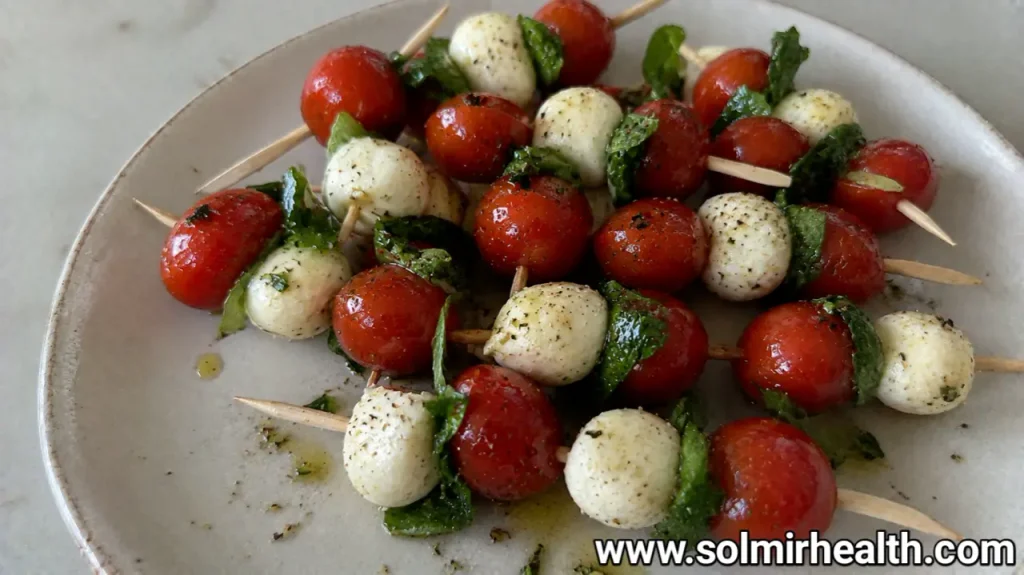 Healthy snack ideas mini Caprese skewers recipe