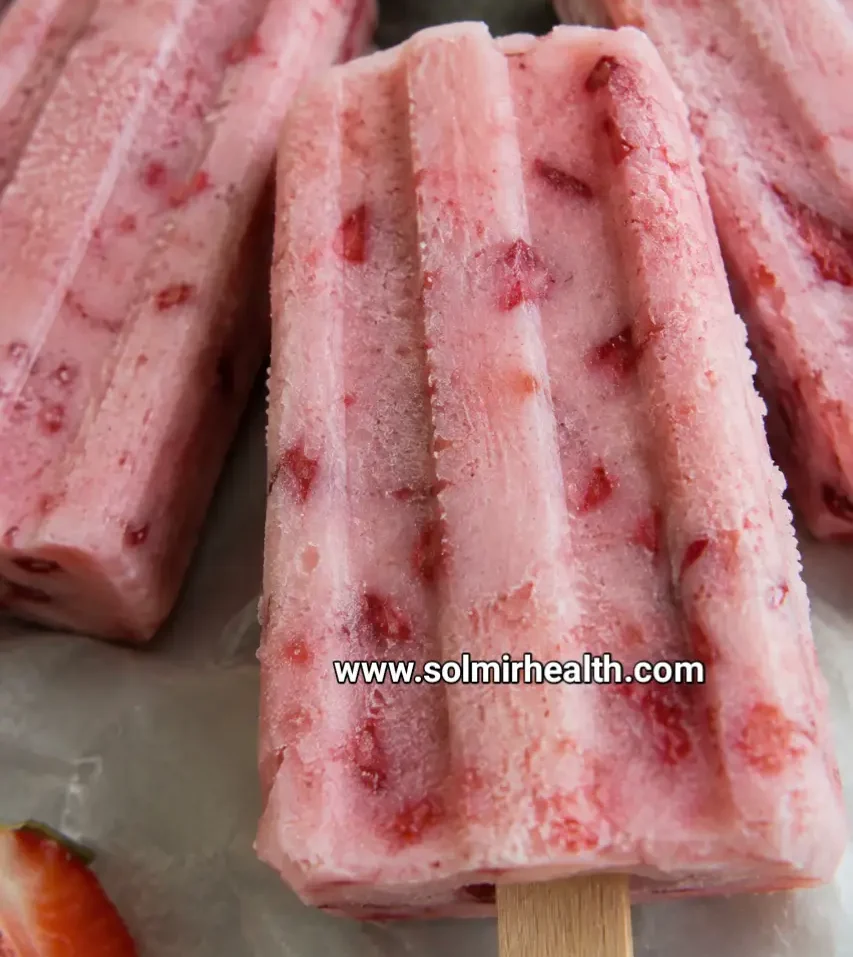Healthy summer strawberry coconut popsicles made with fresh strawberries and coconut milk
