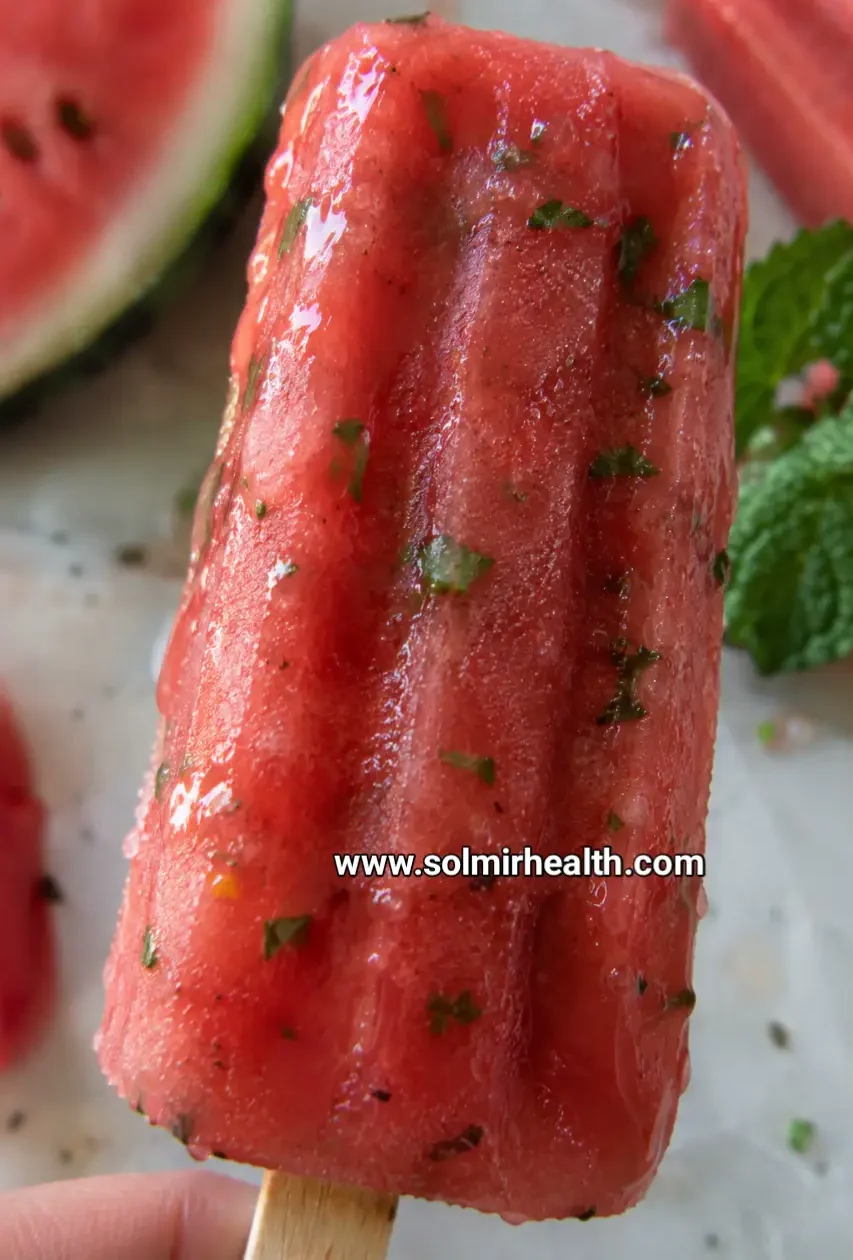 Healthy summer watermelon mint popsicles with fresh watermelon and mint leaves
