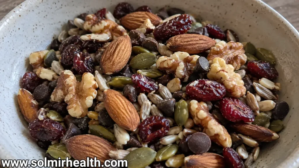 A bowl of high fiber trail mix with almonds, pumpkin seeds, and dried cranberries
