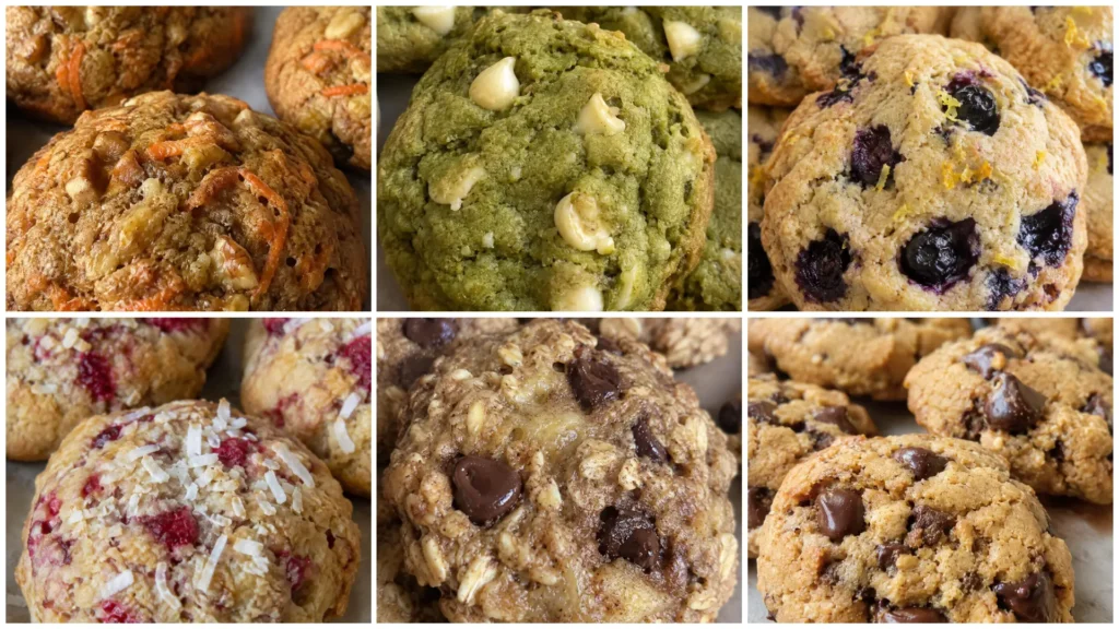 Assortment of high protein cookies cooling on a baking sheet