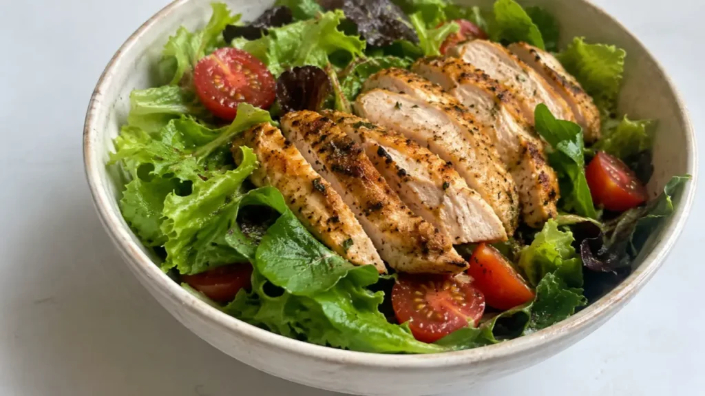 A colorful spread of high protein salads featuring chicken, salmon, and chickpeas