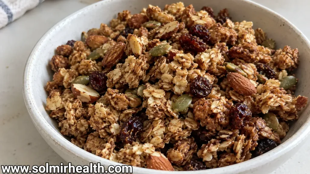 A bowl of homemade granola clusters with mixed nuts and dried berries