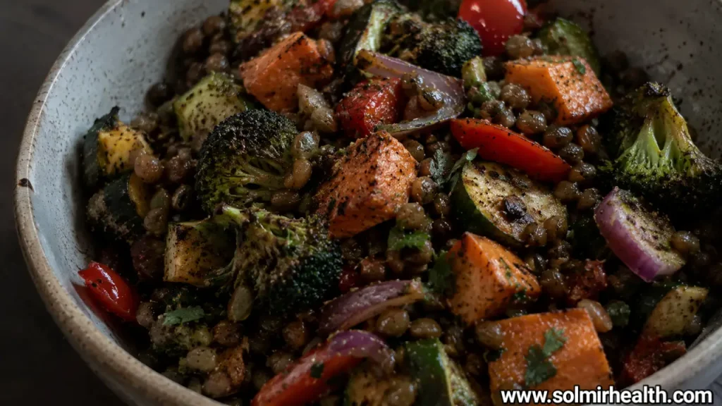 Roasted vegetable and lentil salad with arugula