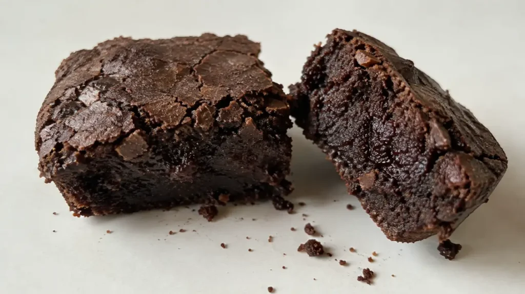 Stack of fudgy low carb brownies with a crackly chocolate top on a plate