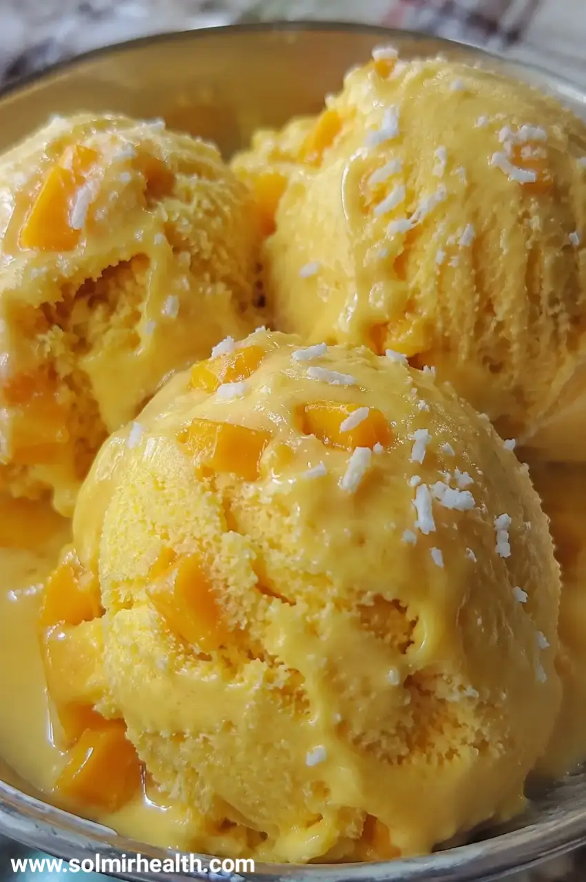 Mango coconut ice cream scooped into a bowl