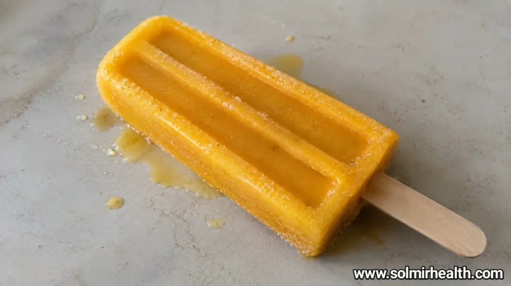 Mango protein popsicles with a bright orange color, garnished with fresh mango chunks.