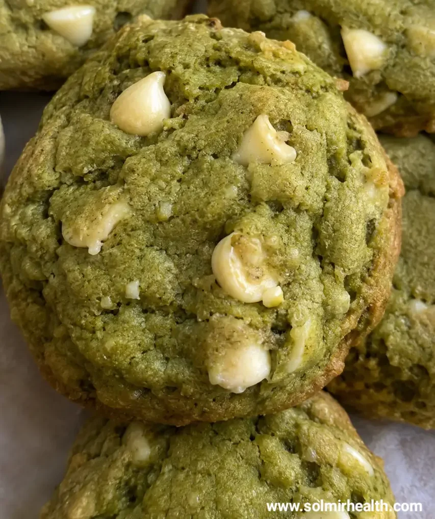 Green matcha protein cookies with white chocolate chips