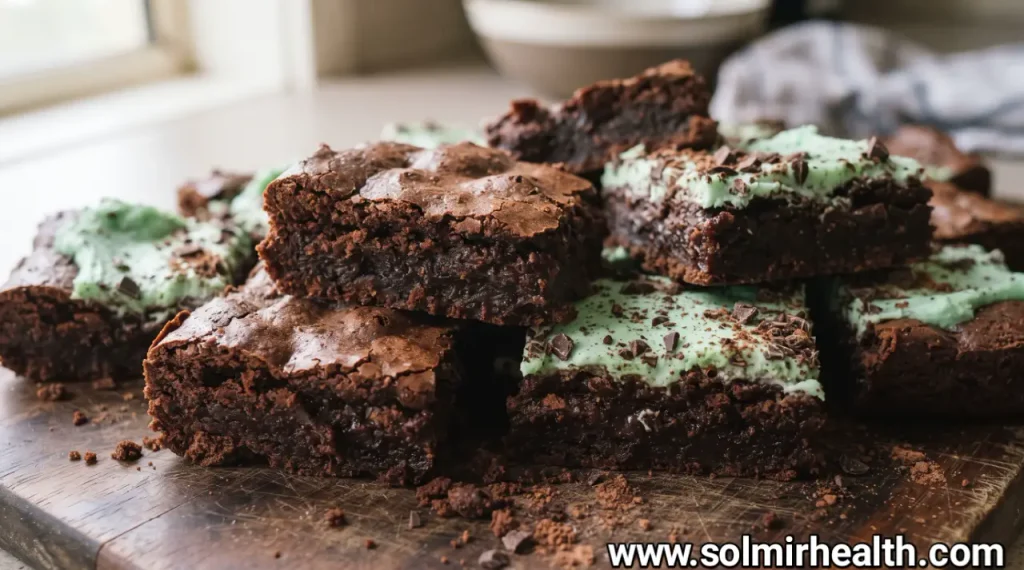 Mint chocolate low carb brownies garnished with fresh mint leaves