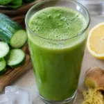 Glass of cucumber spinach morning flush juice with lemon and ice
