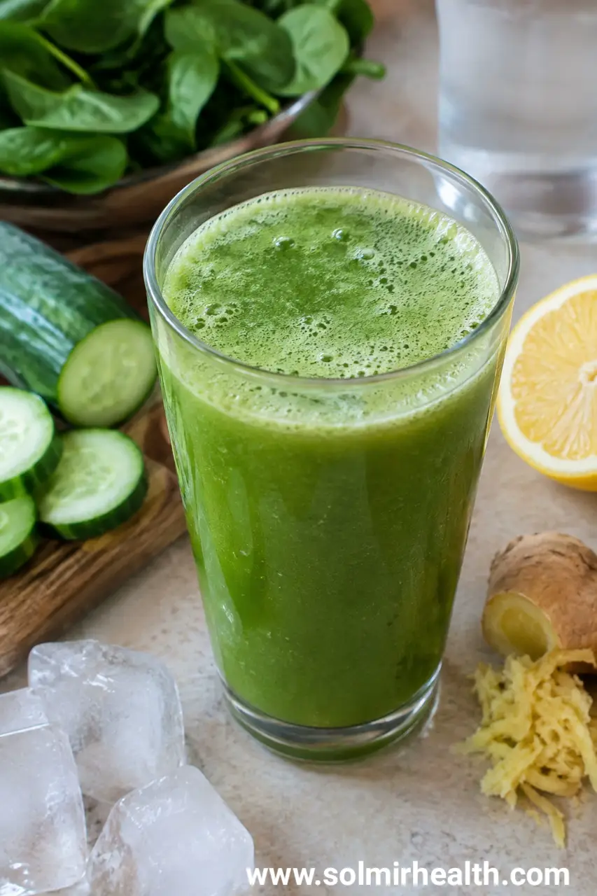 Glass of cucumber spinach morning flush juice with lemon and ice