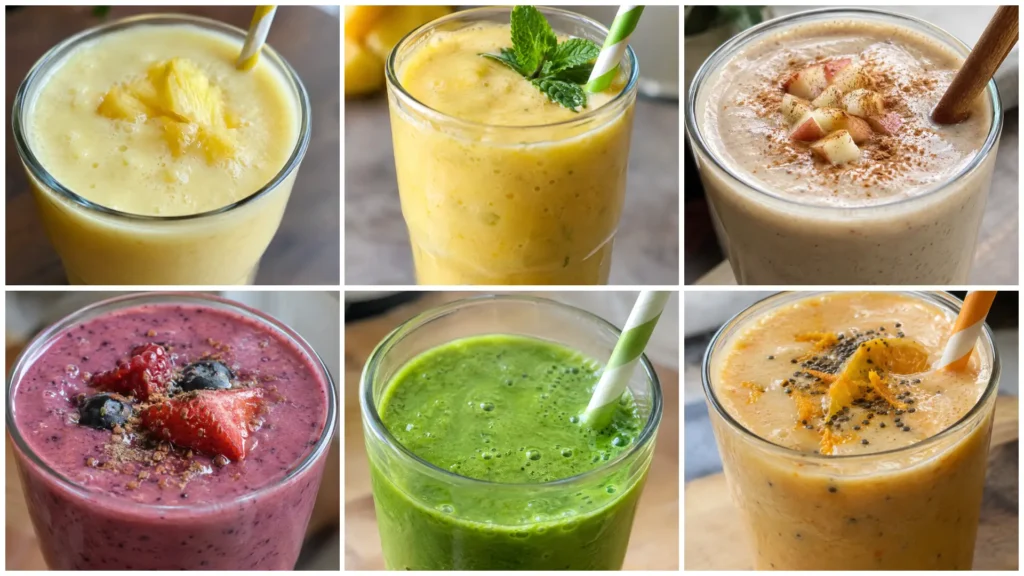 Glass of orange citrus smoothie on a kitchen counter