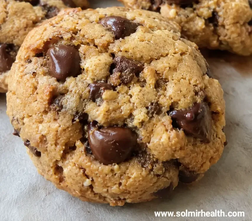 Peanut butter chocolate chip protein cookies stacked on a plate
