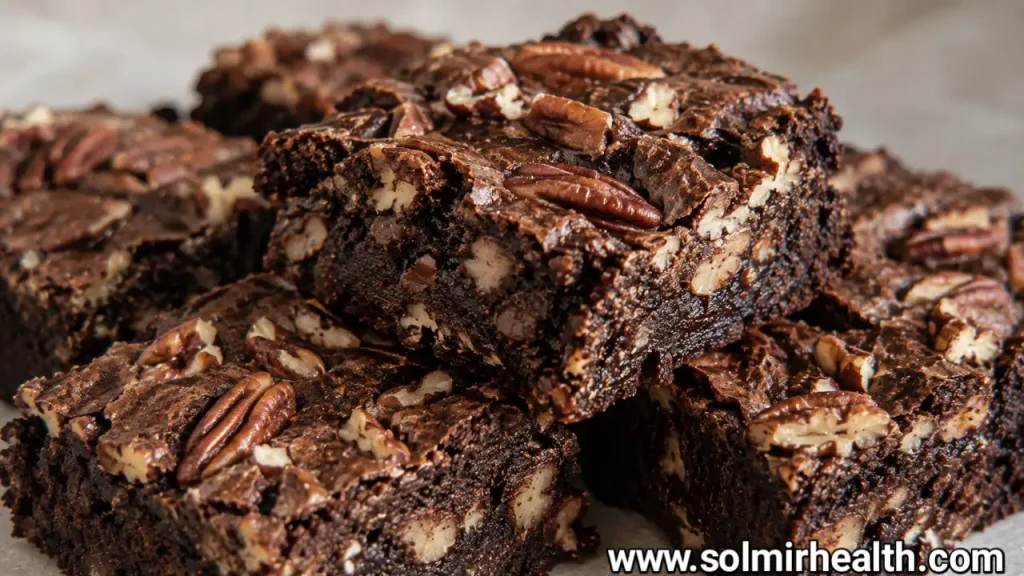 Low carb brownies topped with whole pecan halves