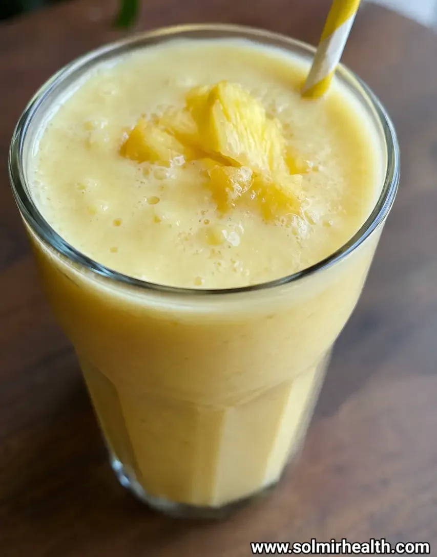 Pineapple ginger smoothie with fresh ginger root beside it