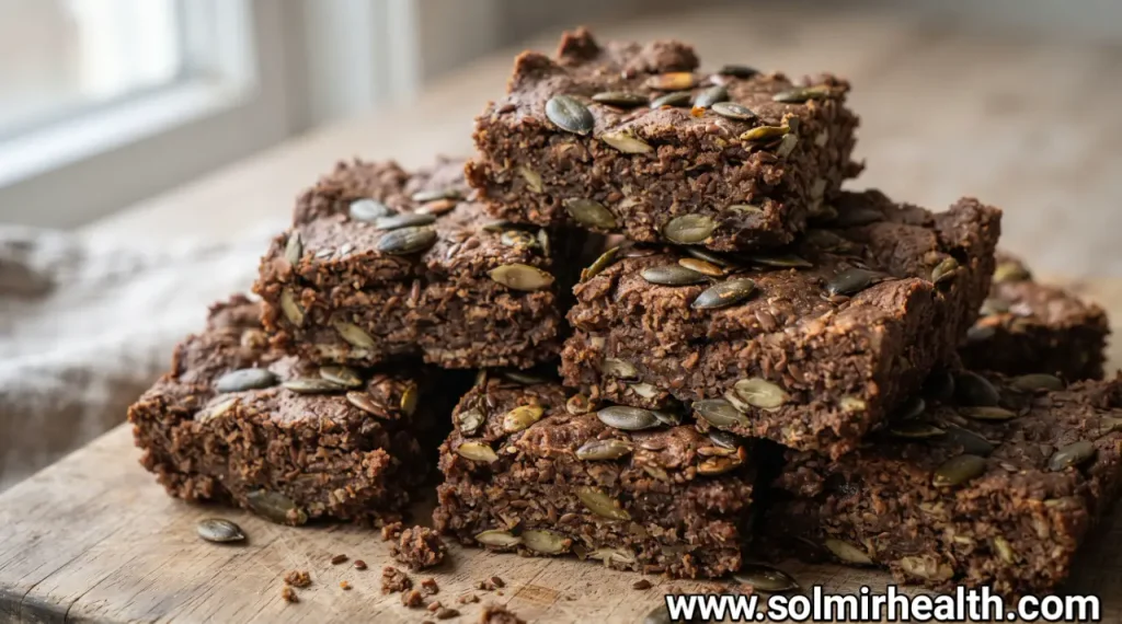 Low carb brownies topped with green pumpkin seeds