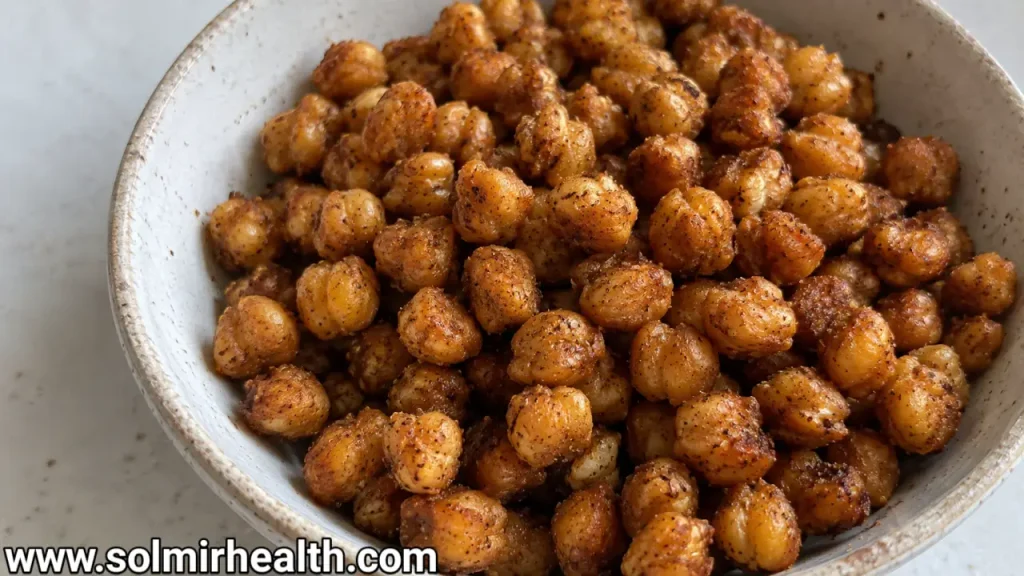 A bowl of high fiber healthy snacks crunchy roasted chickpeas seasoned with paprika and garlic